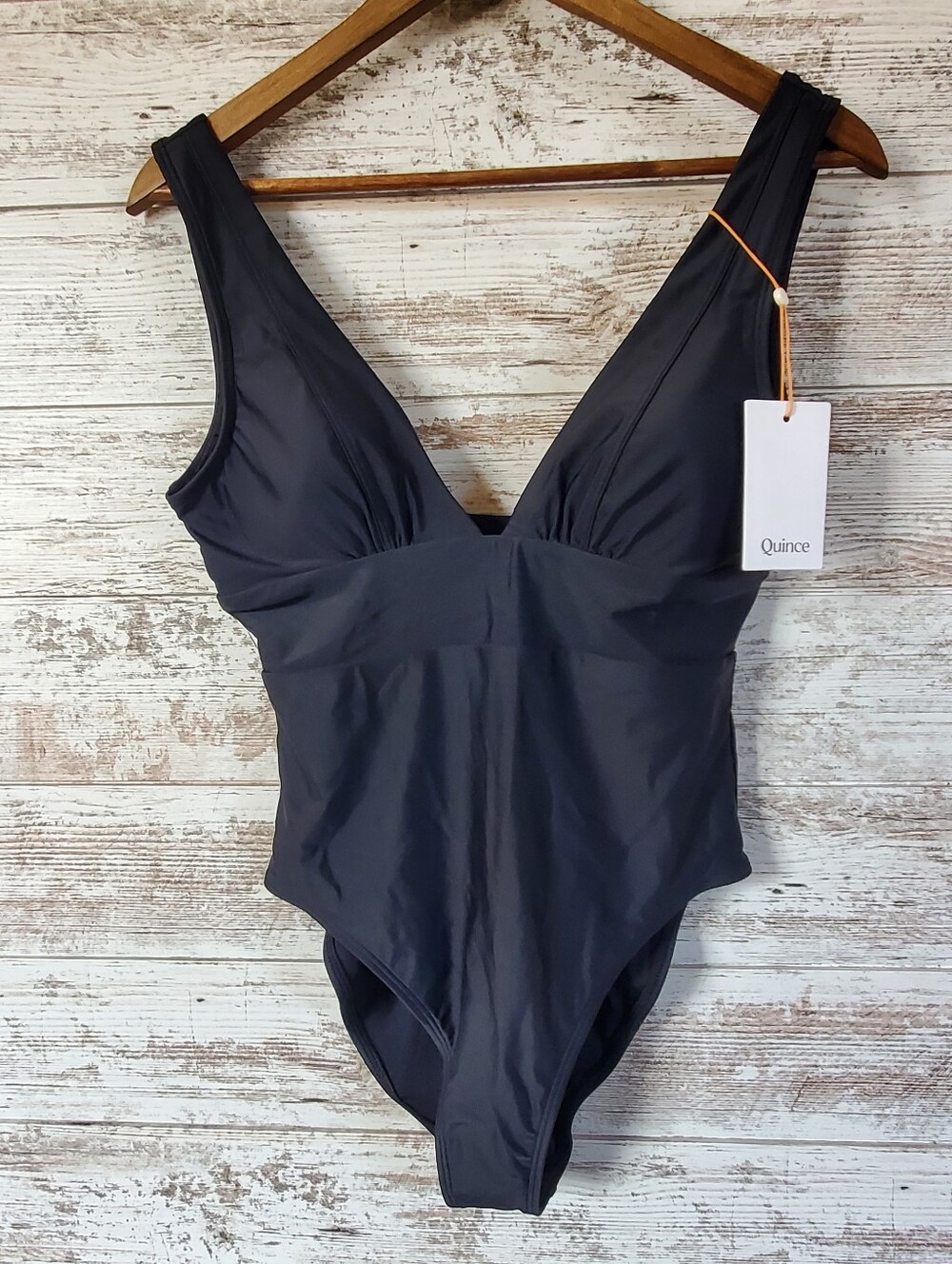 Quince Italian Plunge One-Piece Swimsuit Luxury Classic Black Swimwear